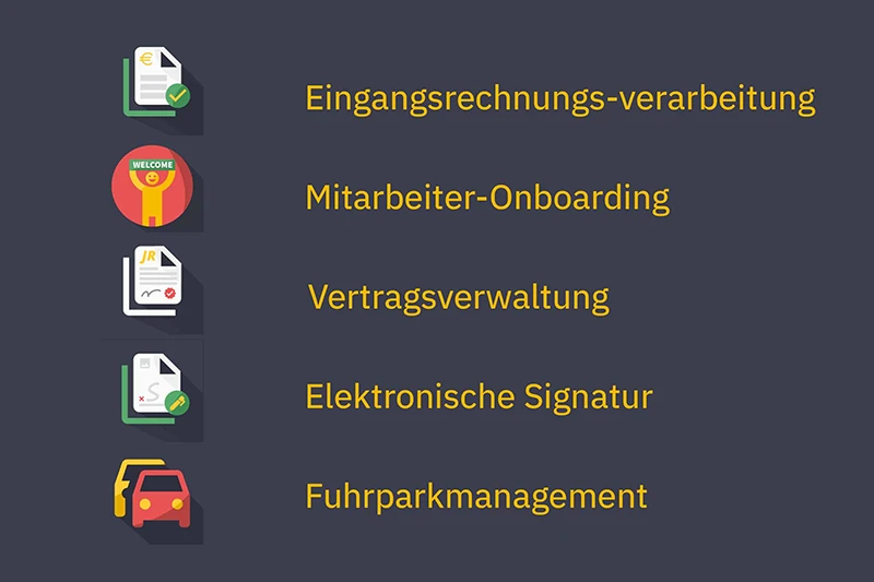 Funktionen: Eingangsrechungsverarbeitung, Mitarbeiter-Onboarding, Vertragsverwaltung, Elektronische Signatur, Fuhrparkmanagement
